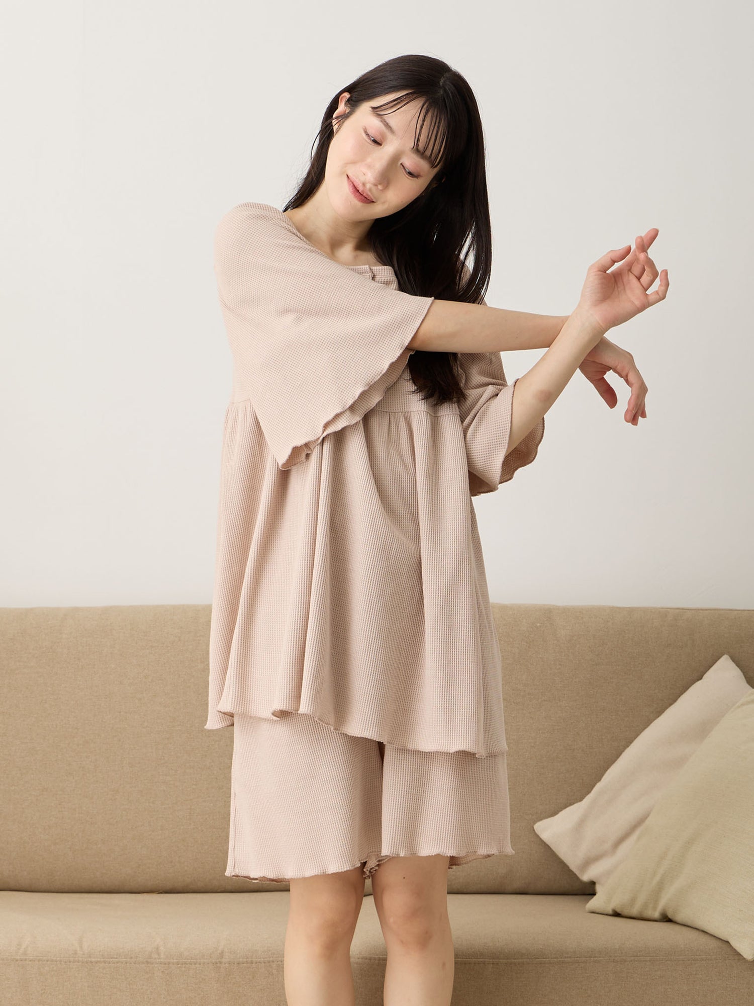 はらまき付きワッフルパジャマセット Pink beige