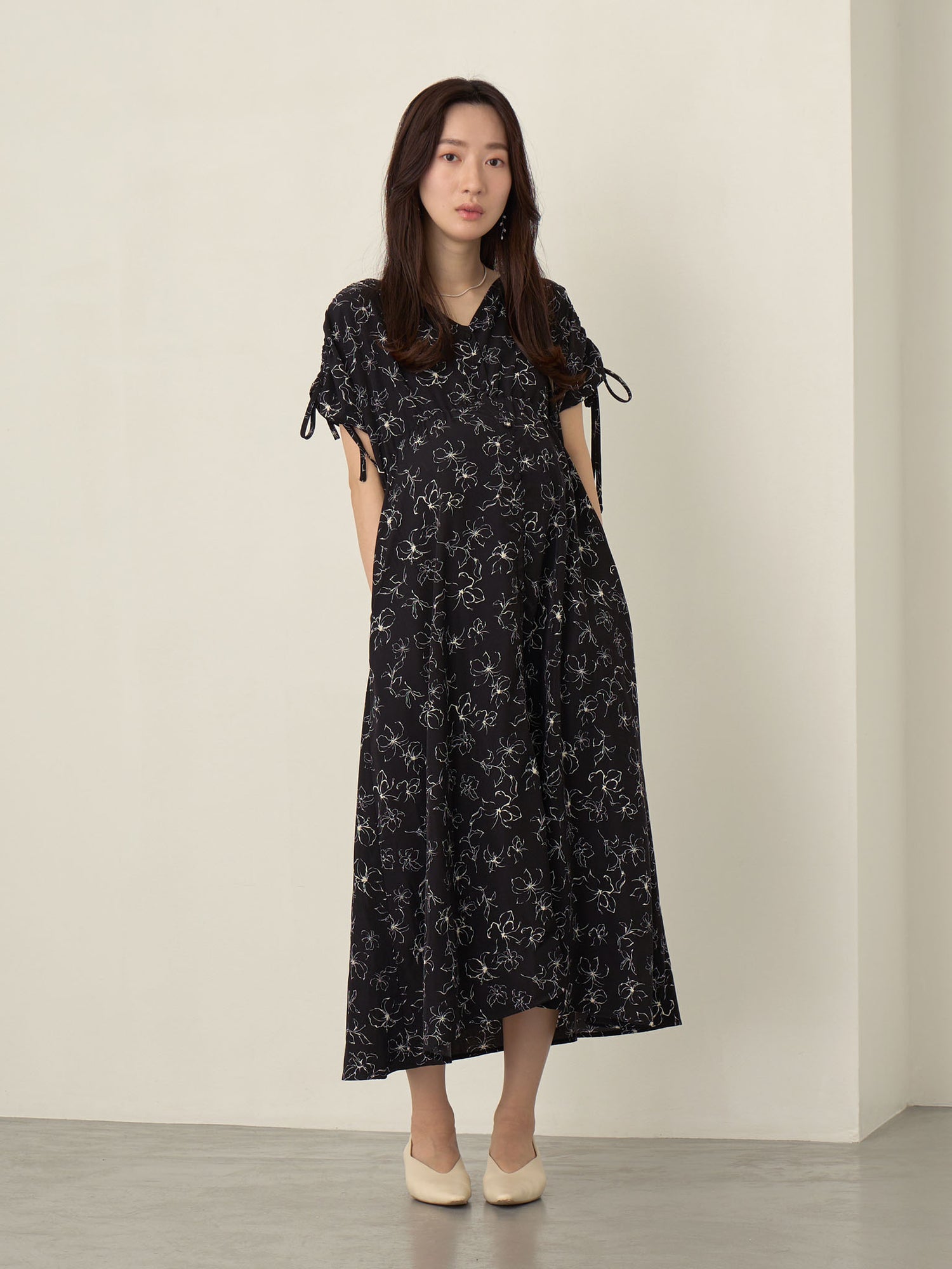 シャーリングスリーブワンピース Flower