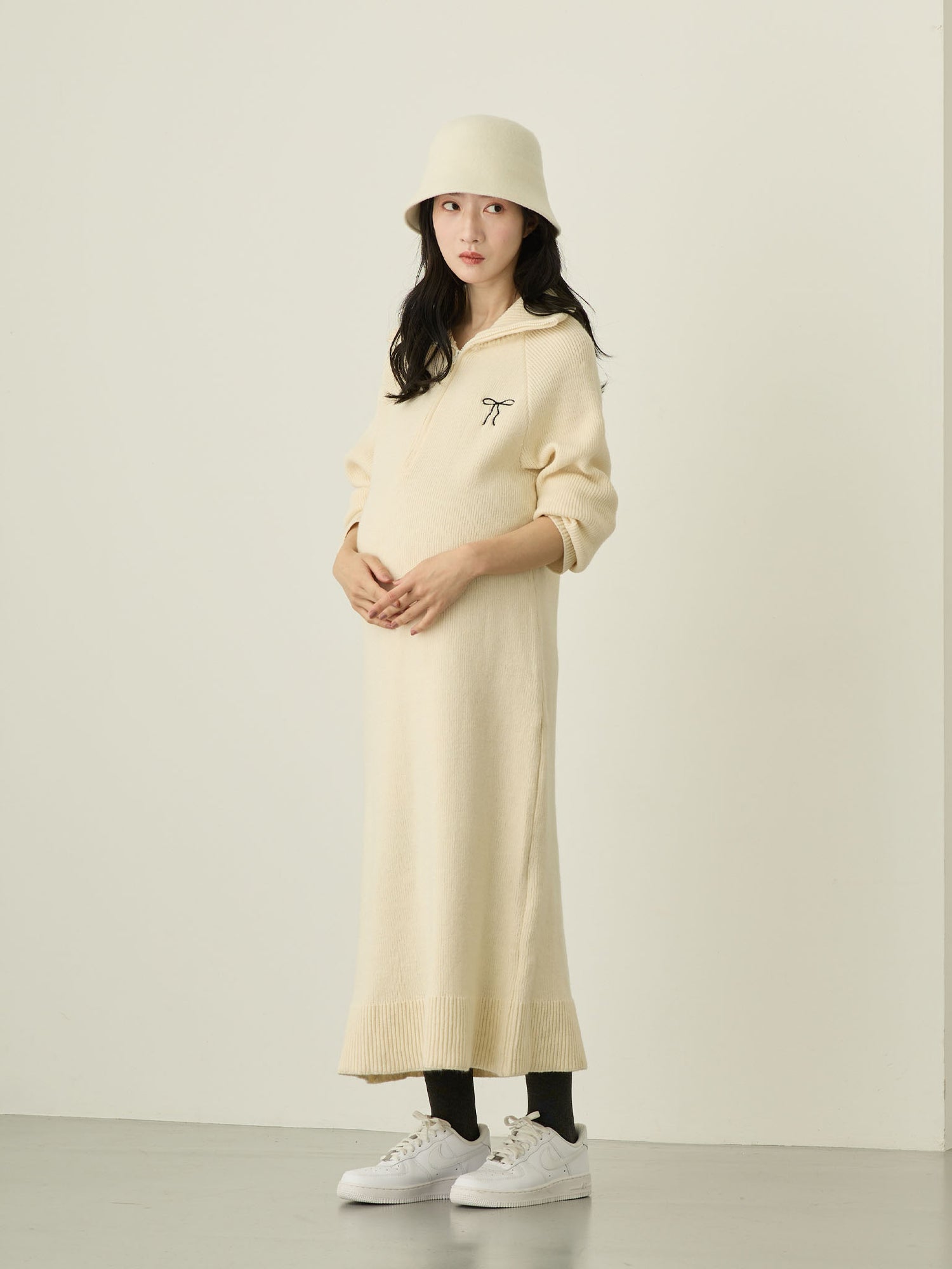 ハーフジップニットワンピース Ivory