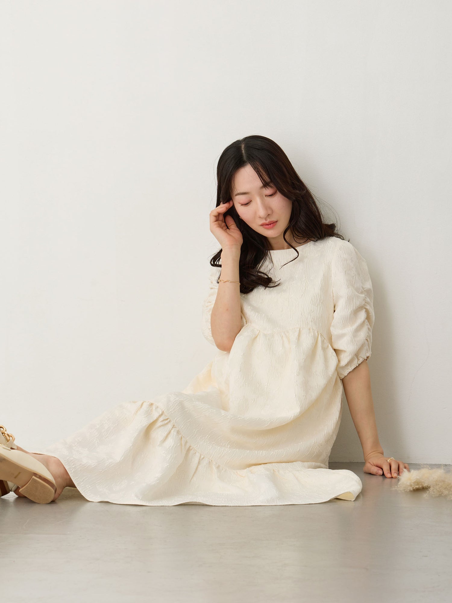 パフスリーブジャガードワンピース Ivory