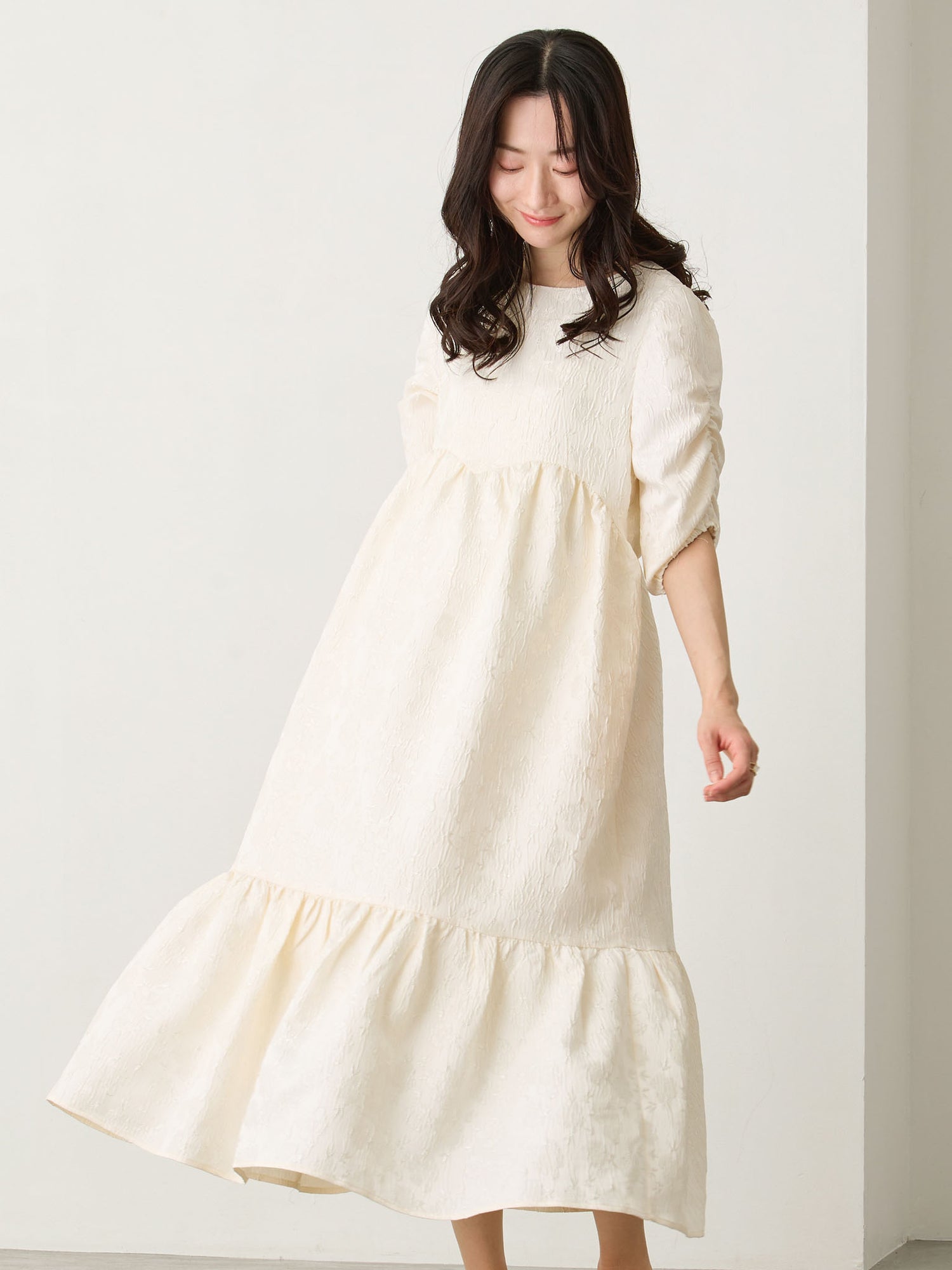 パフスリーブジャガードワンピース Ivory