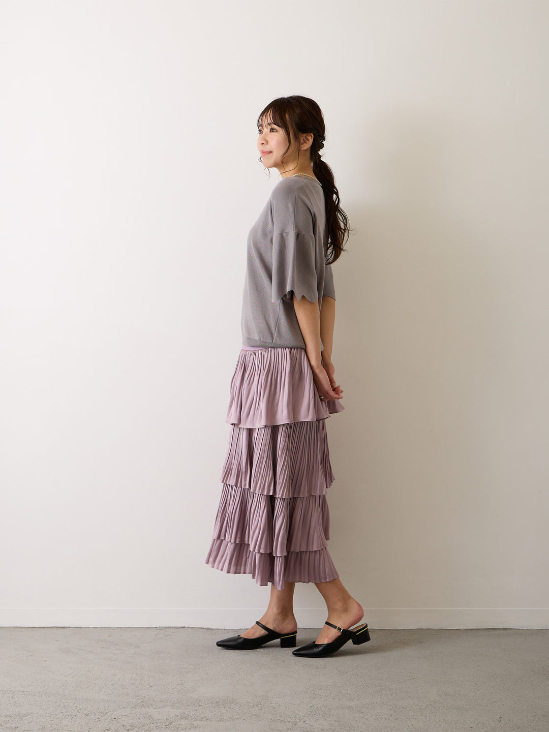 【マタニティ服】光沢とボリューム感が可愛すぎるシャイニープリーツスカート Purple