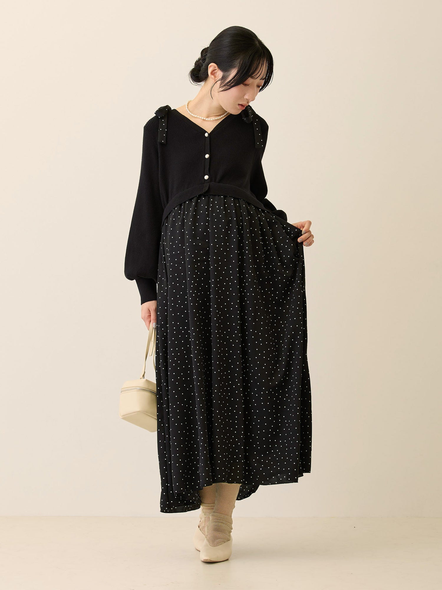 リブニットドッキングワンピース Black