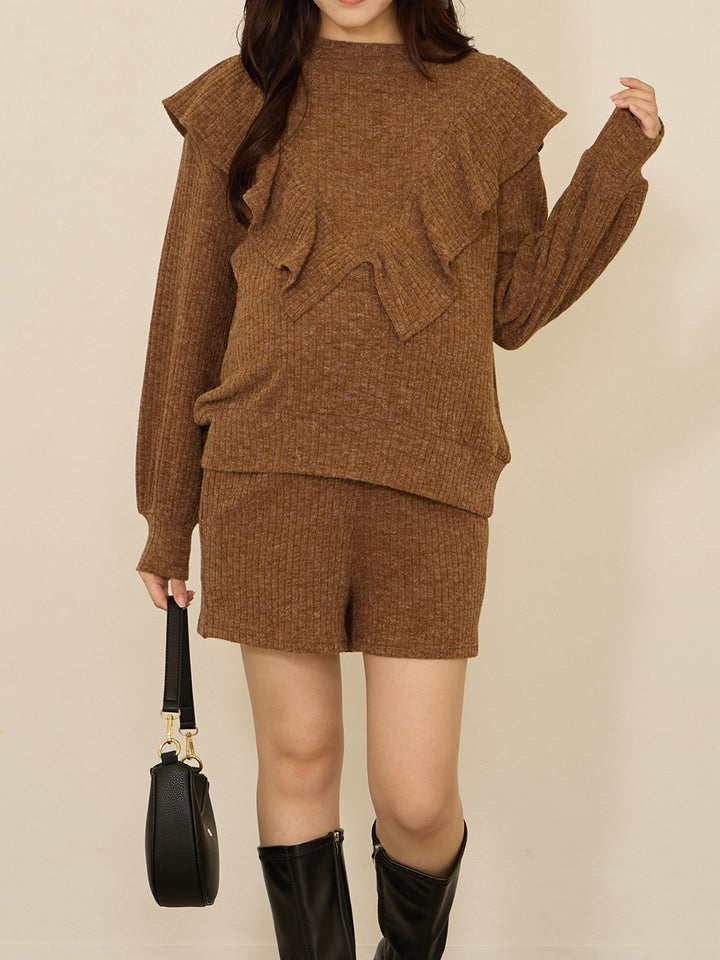 褶边针织上衣 棕色