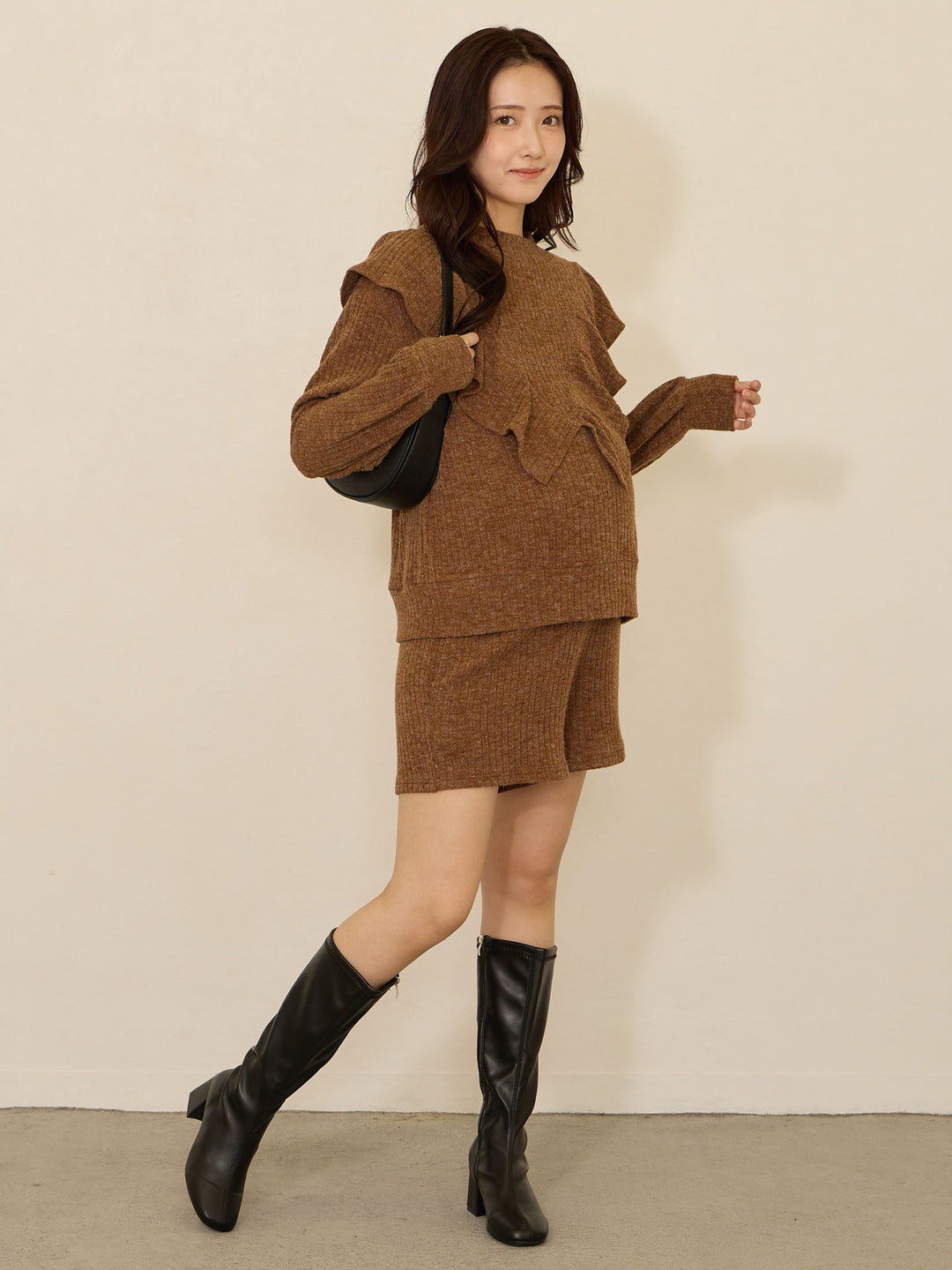 褶边针织上衣 棕色