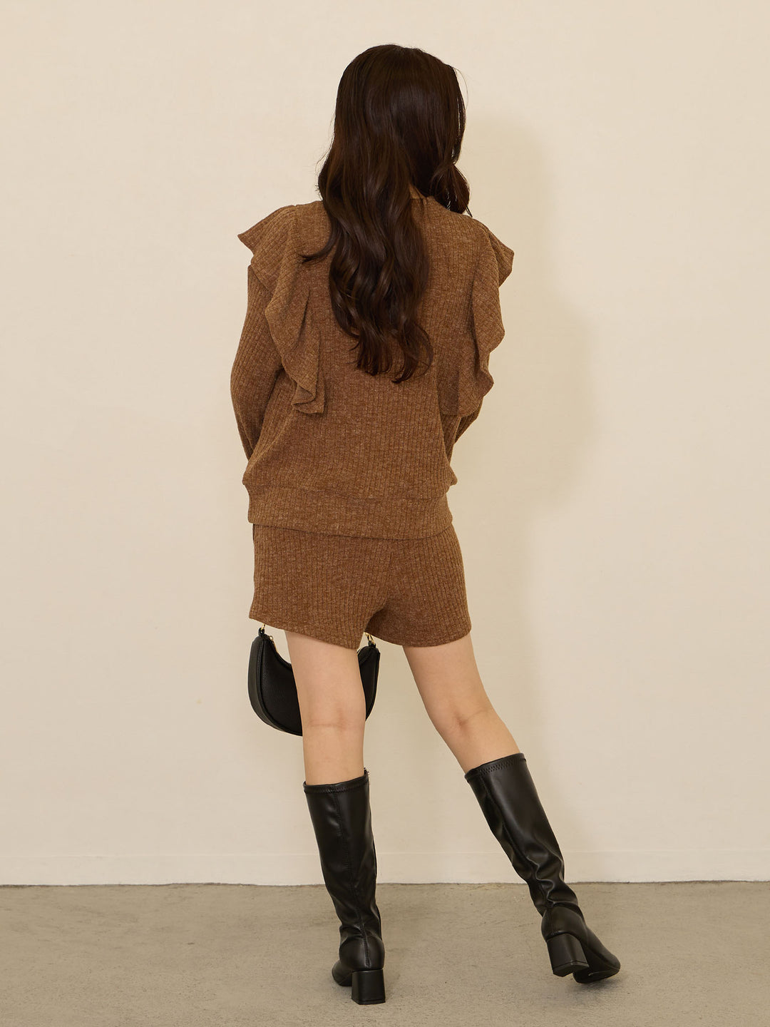 褶边针织上衣 棕色