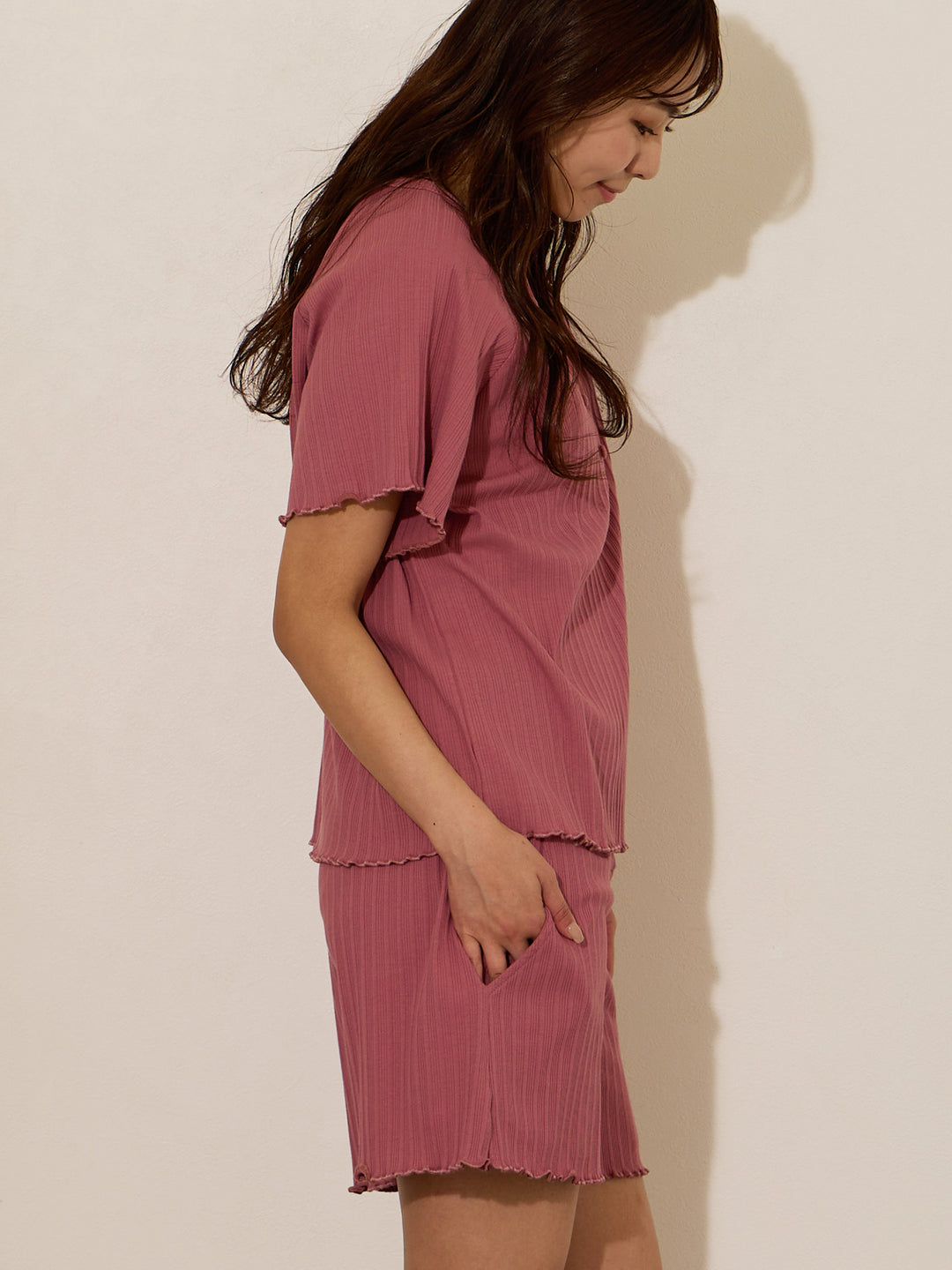【孕妇/哺乳衣】罗纹柔和原卷睡衣套装粉色