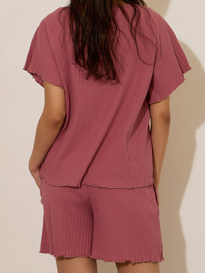 [Maternity/Nursing Clothes] Rib Mellow Haramaki Pajama Set Pink
