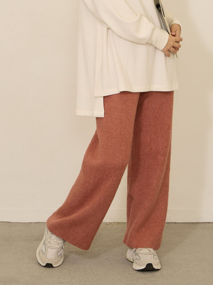 蓬松罗纹针织裤 粉色