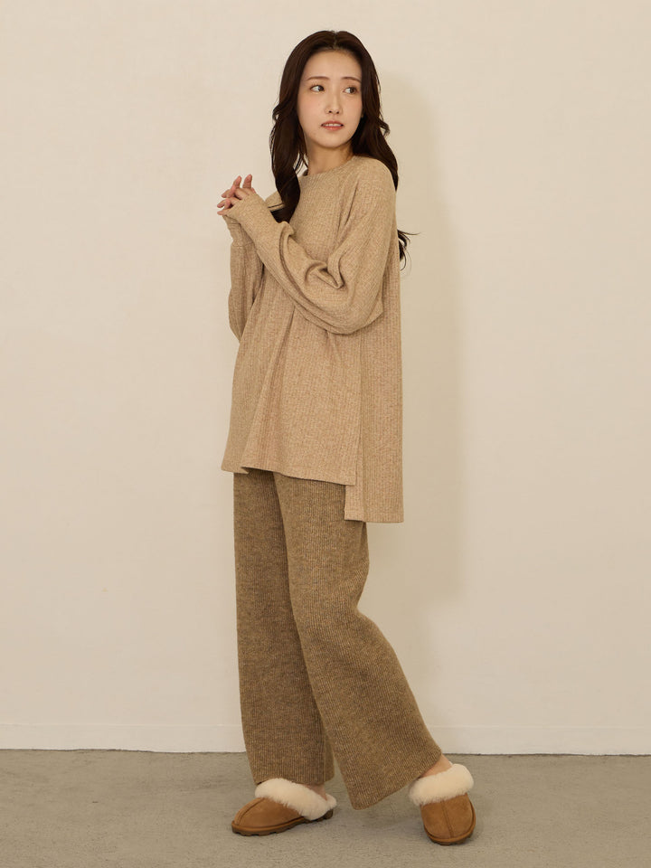 蓬松罗纹针织裤，米色