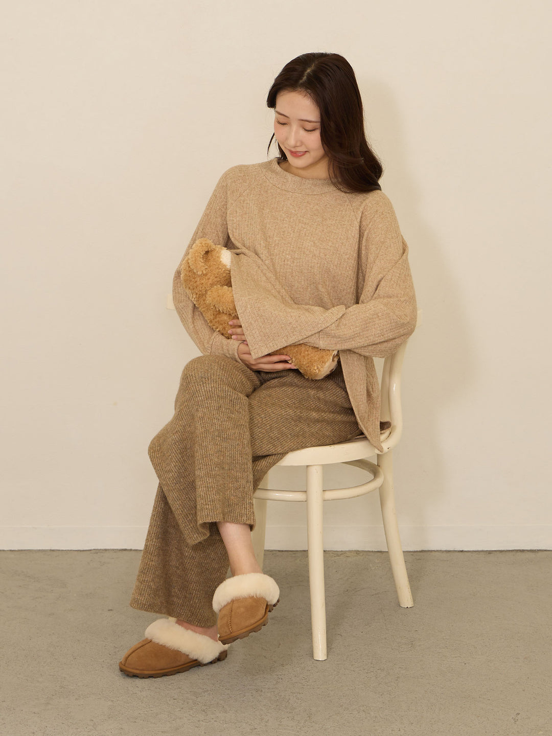 蓬松罗纹针织裤，米色