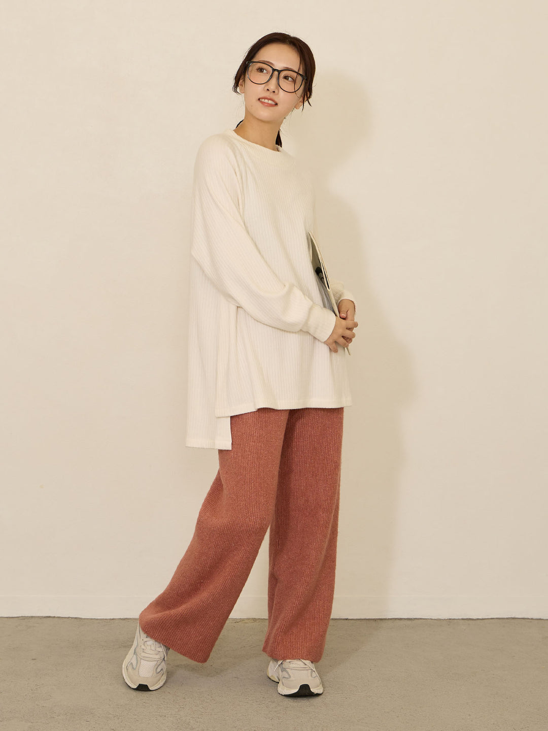 蓬松罗纹针织裤 粉色