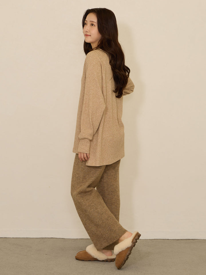 蓬松罗纹针织裤，米色