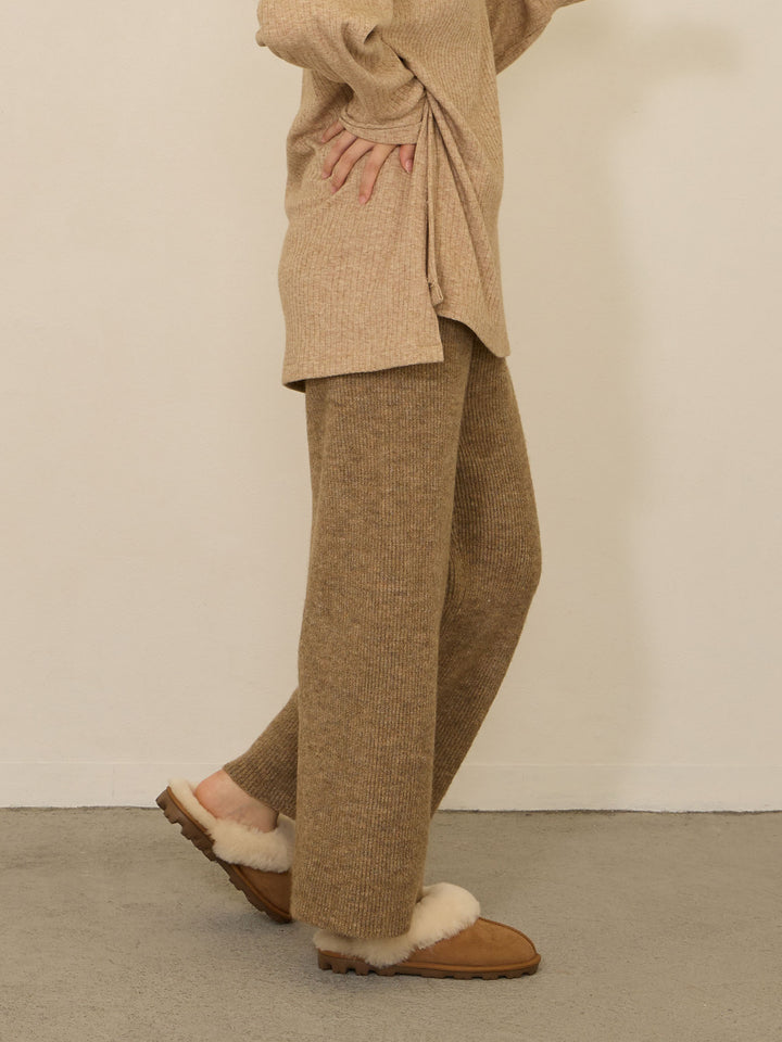 蓬松罗纹针织裤，米色