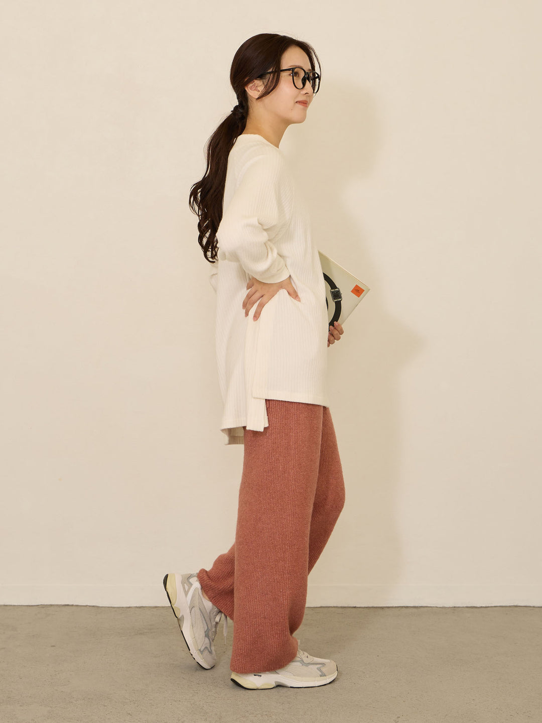 蓬松罗纹针织裤 粉色