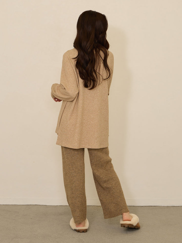 蓬松罗纹针织裤，米色