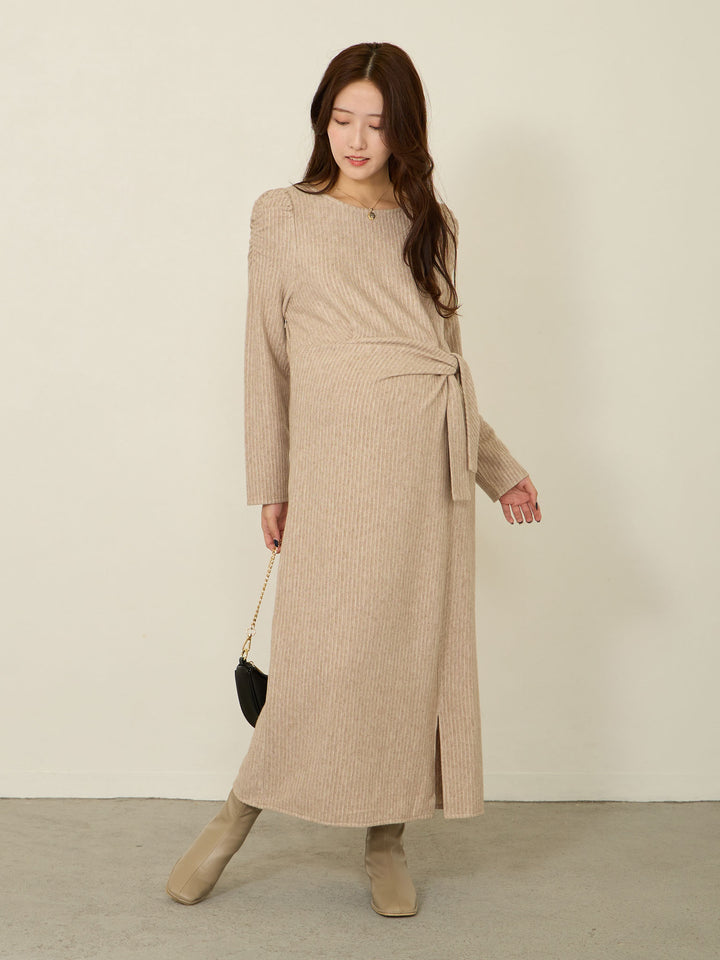 肩部针织连衣裙，米色