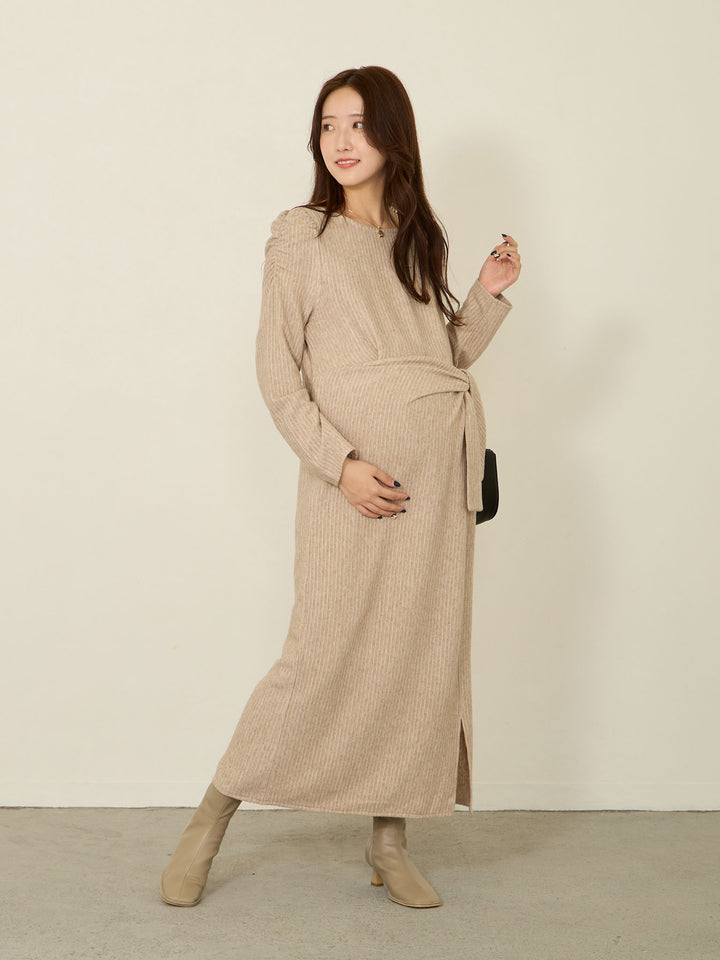 肩部针织连衣裙，米色
