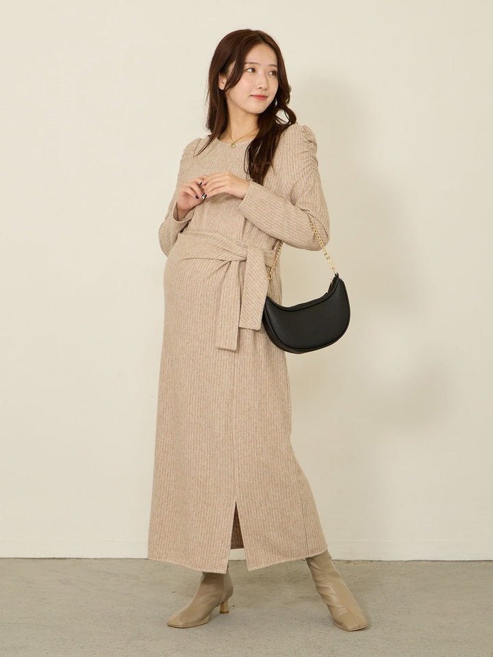 肩部针织连衣裙，米色