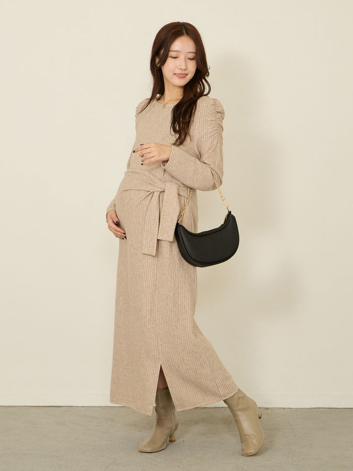 肩部针织连衣裙，米色