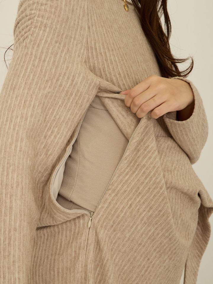 肩部针织连衣裙，米色