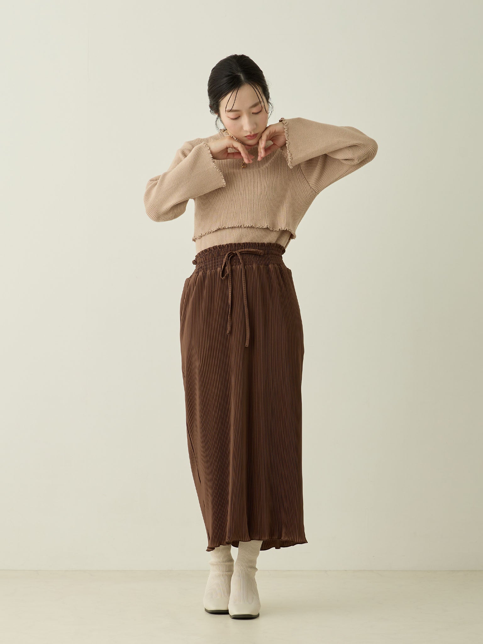 monoha シャーリングスカート　ロングスカート　ブラウンスカート monoha シャーリングスカート ロングスカート ブラウンスカート