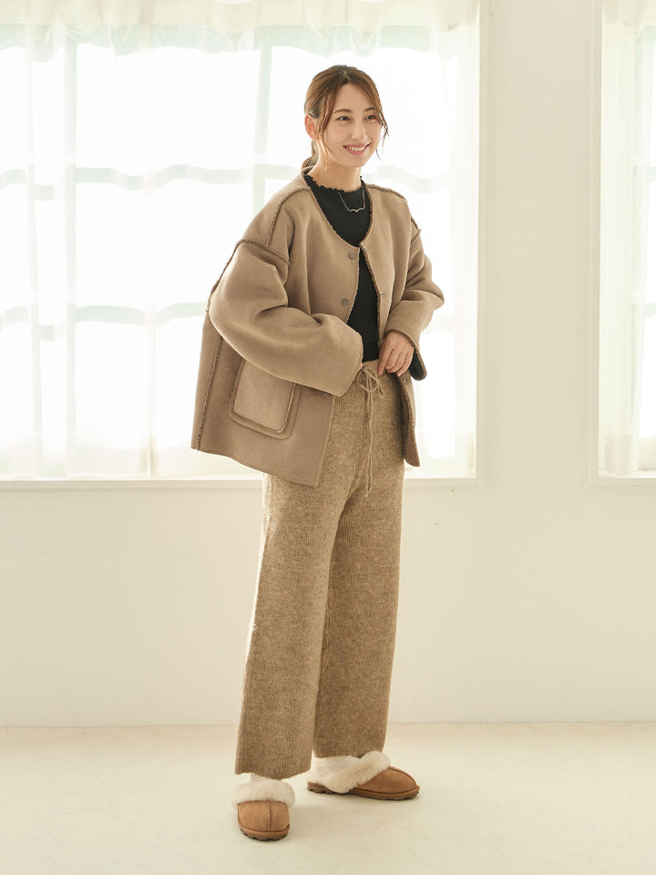 蓬松罗纹针织裤，米色