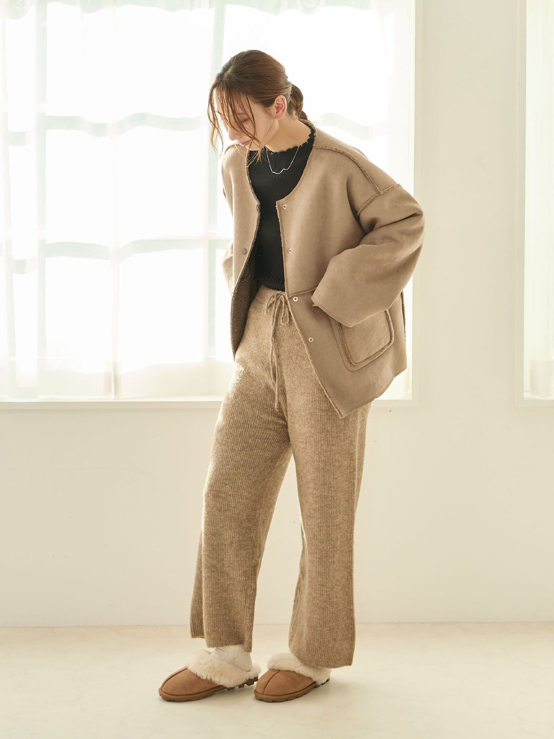 蓬松罗纹针织裤，米色