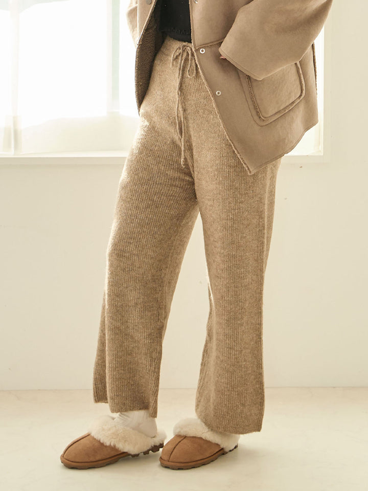 蓬松罗纹针织裤，米色