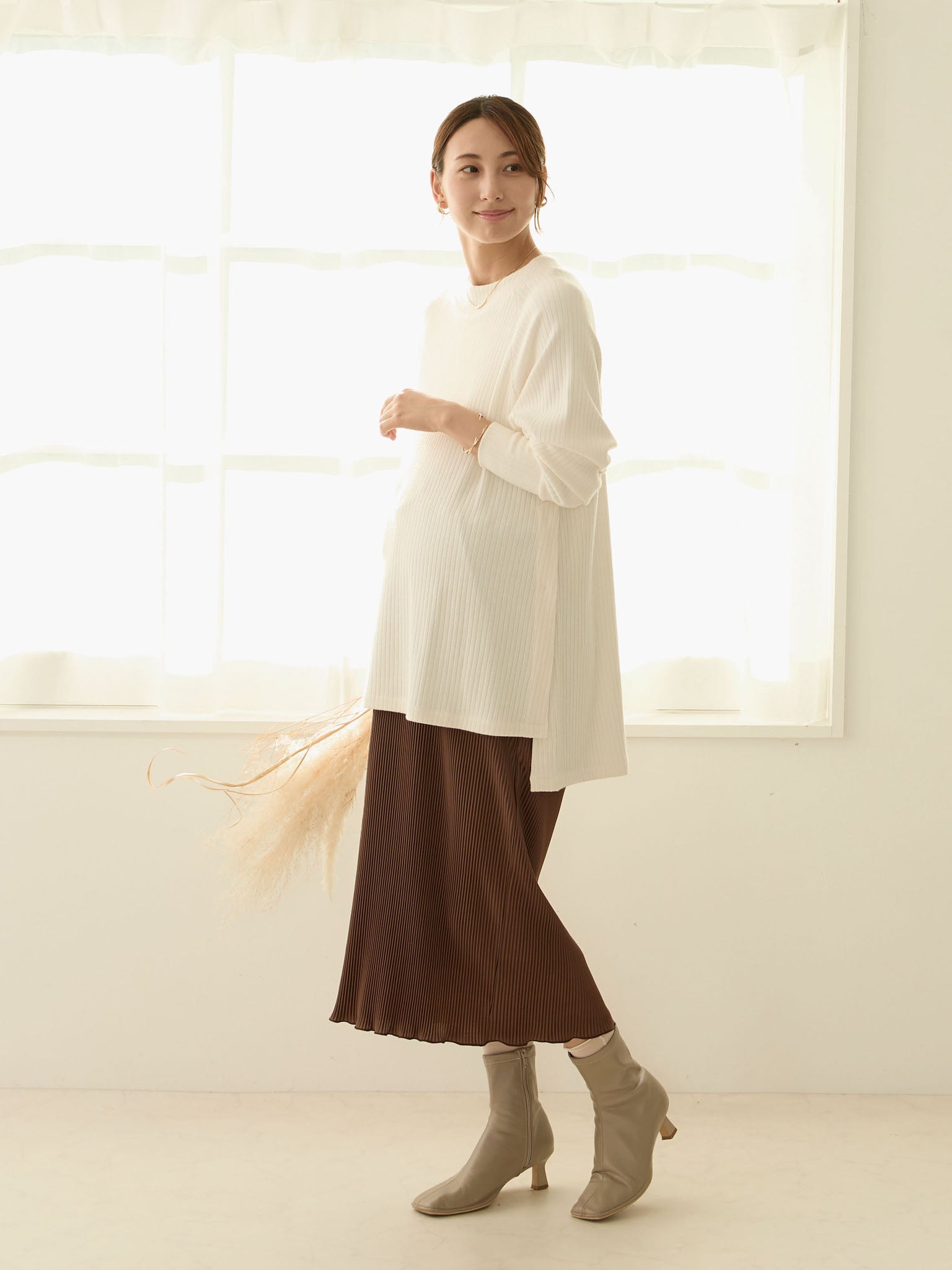 monoha シャーリングスカート　ロングスカート　ブラウンスカート monoha シャーリングスカート ロングスカート ブラウンスカート