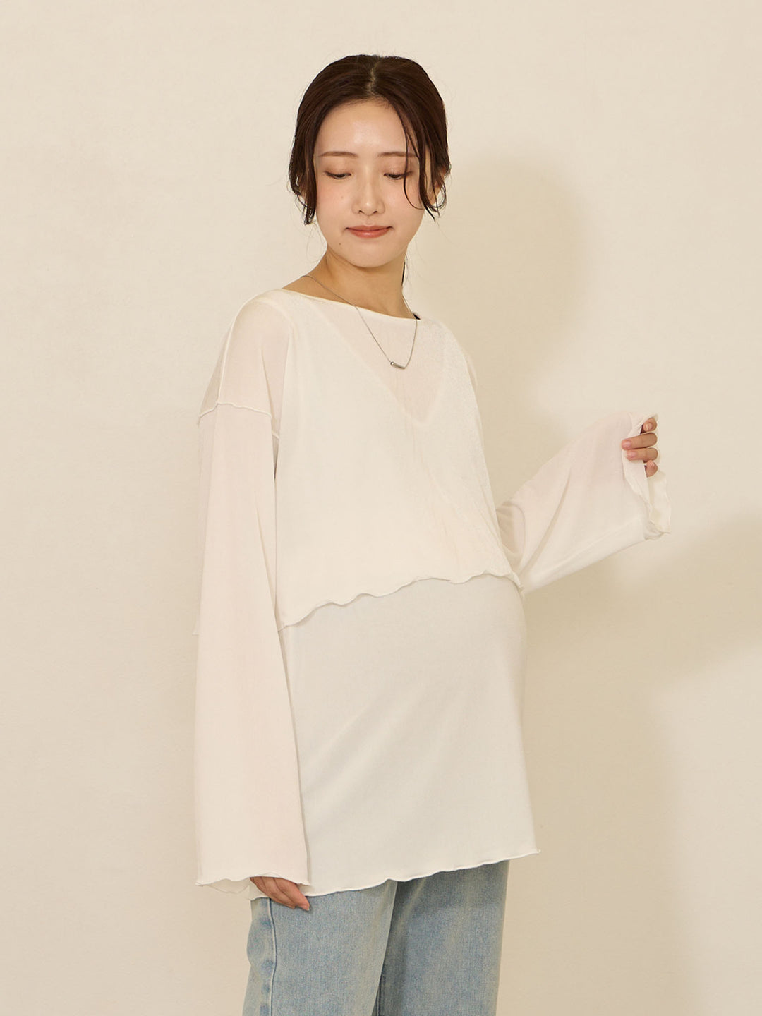 【孕妇/哺乳衣】圆润设计透明T恤 白色