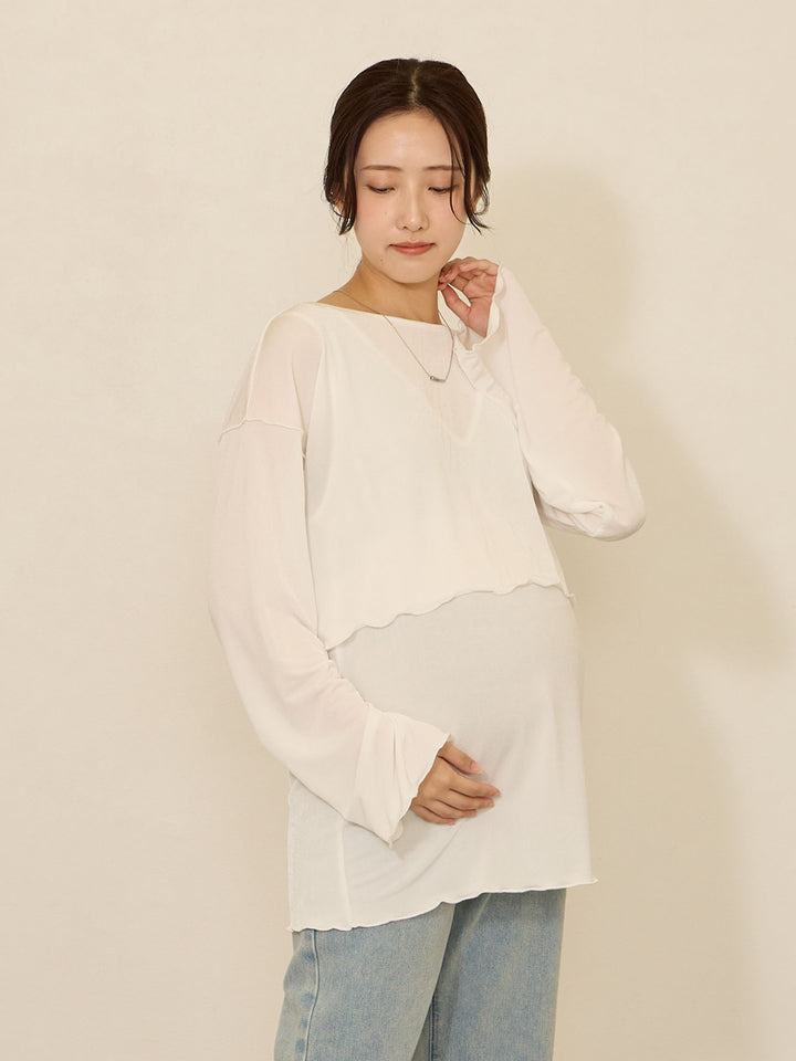 【孕妇/哺乳衣】圆润设计透明T恤 白色