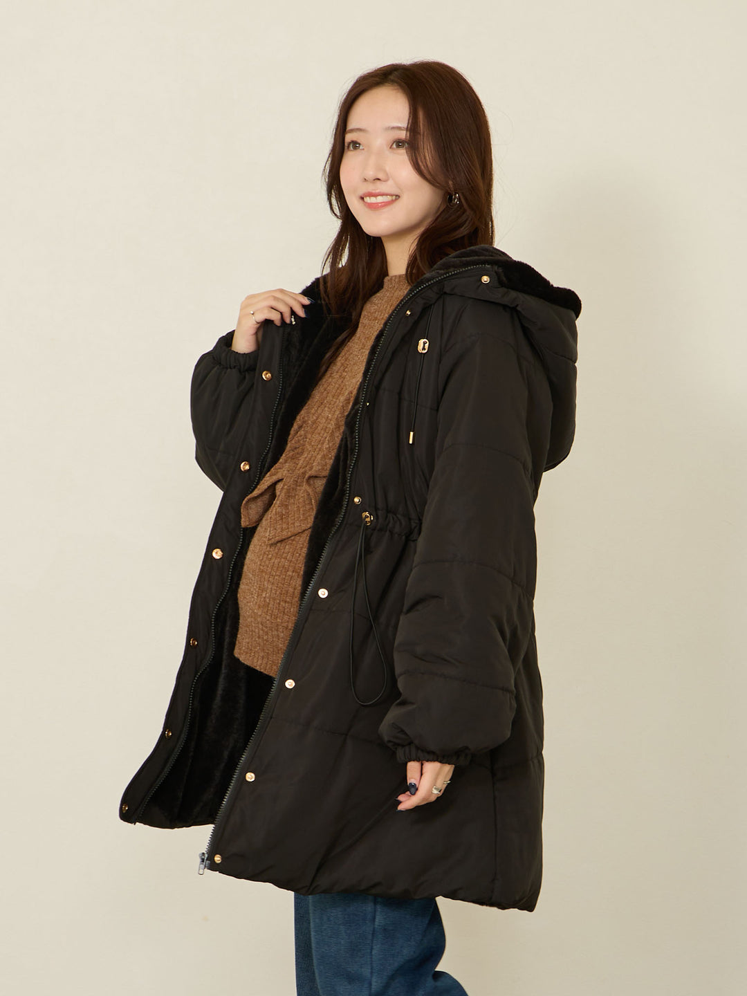 [Suitable for before and after childbirth] Padded outerwear with ducker Black