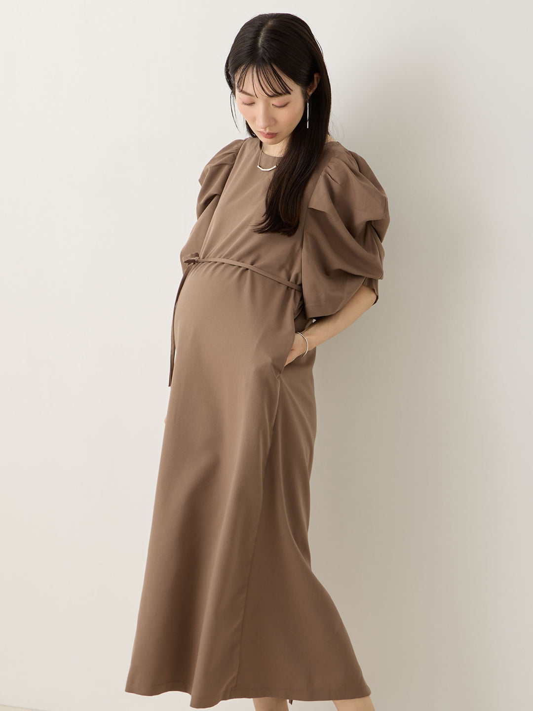 Volume Sleeve I-Line Dress Brown honono for mom&baby Volume Sleeve I-Line Dress Brown honono for mom&baby