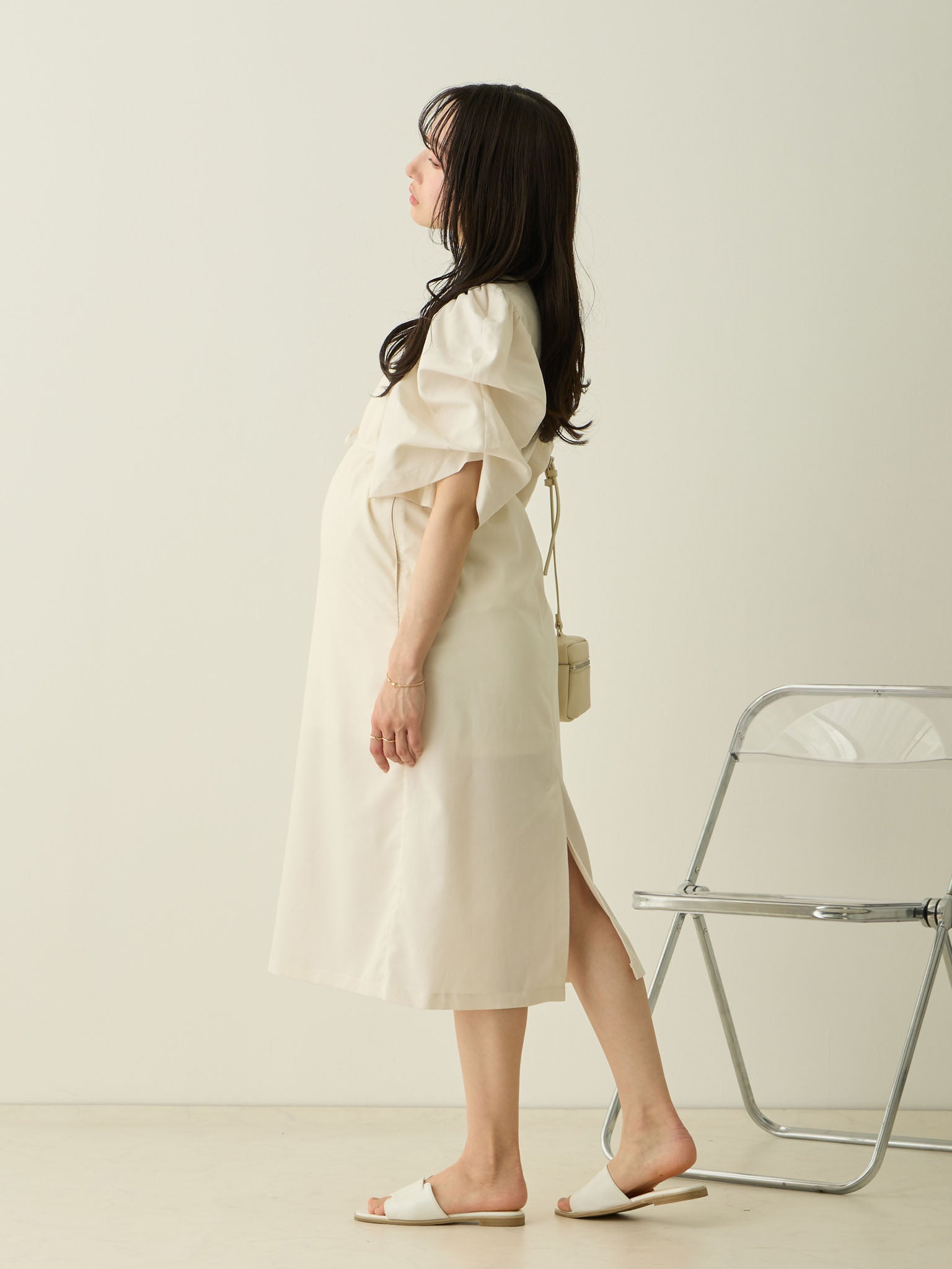 マタニティ・授乳服】ボリューム袖Iラインワンピース Ecru