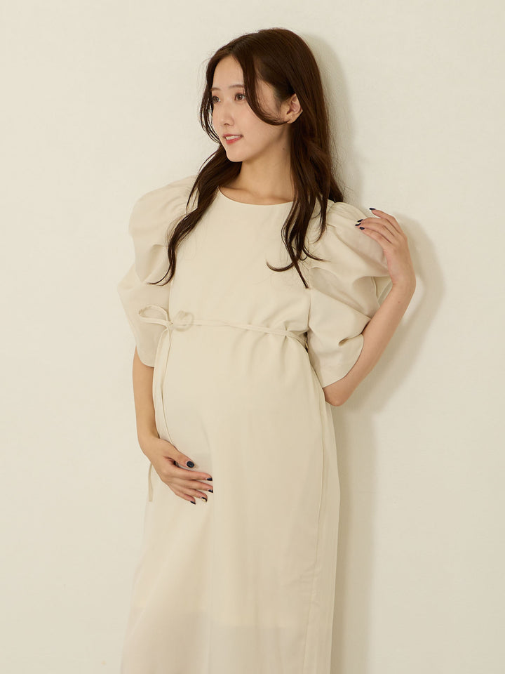 [Maternity/nursing clothes] Volume sleeve I-line dress Ecru
