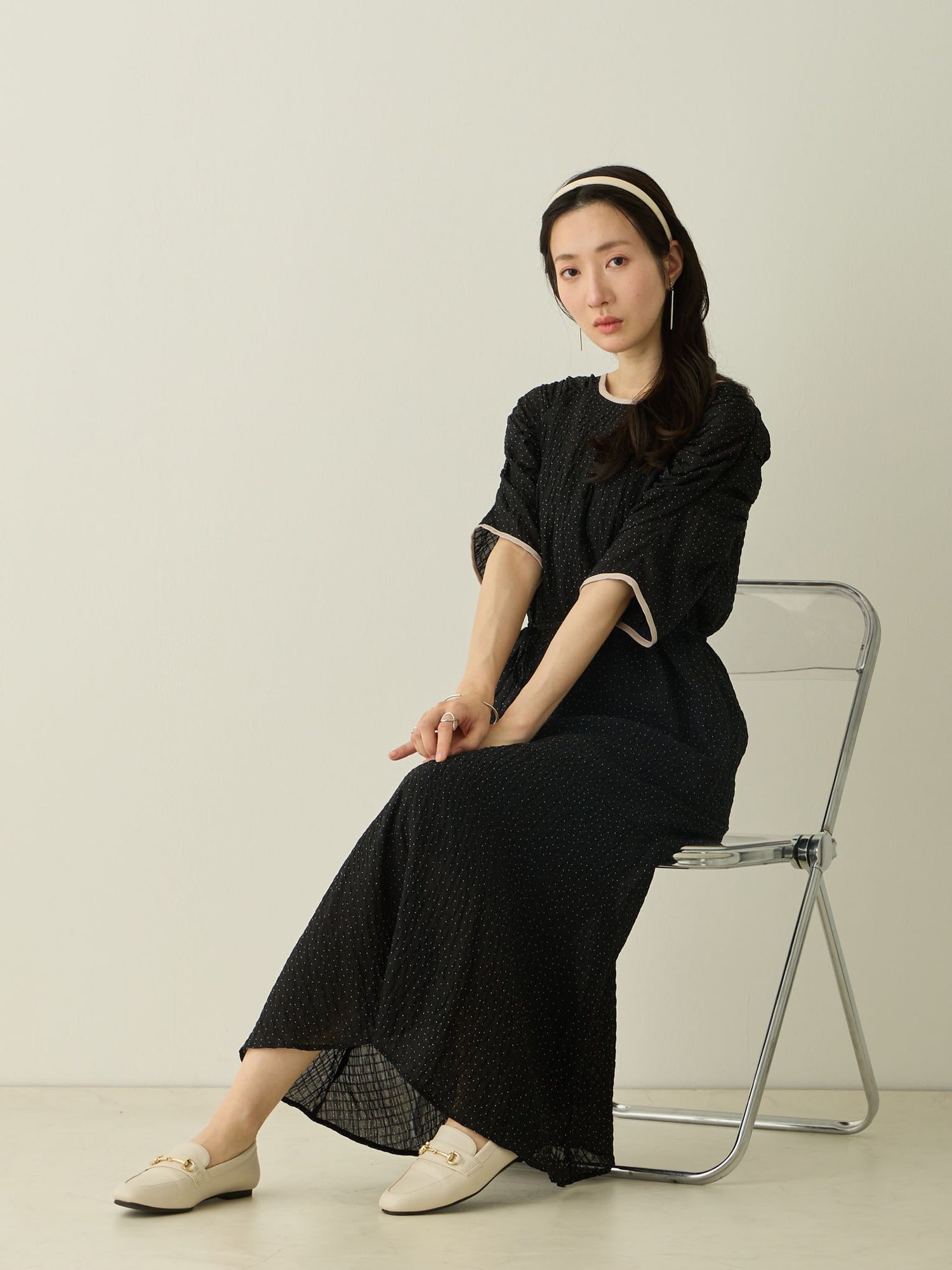 [孕妇/哺乳衣] 透明圆点插肩袖连衣裙 黑色