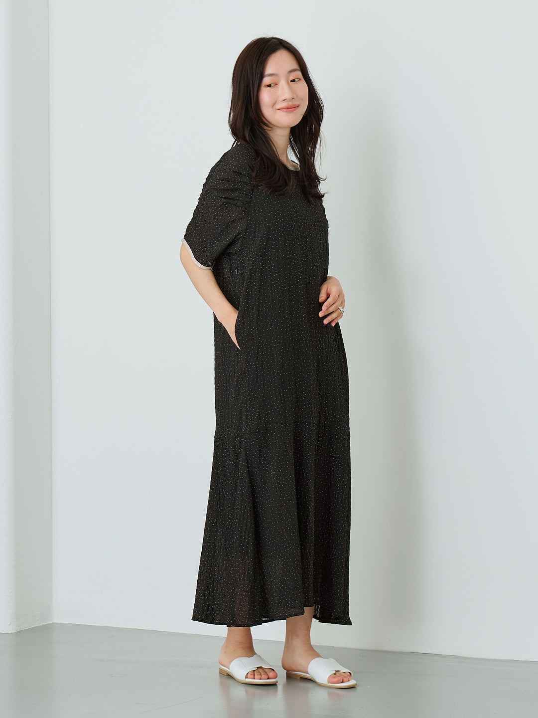Sheer Dot Raglan Gathered Dress Black