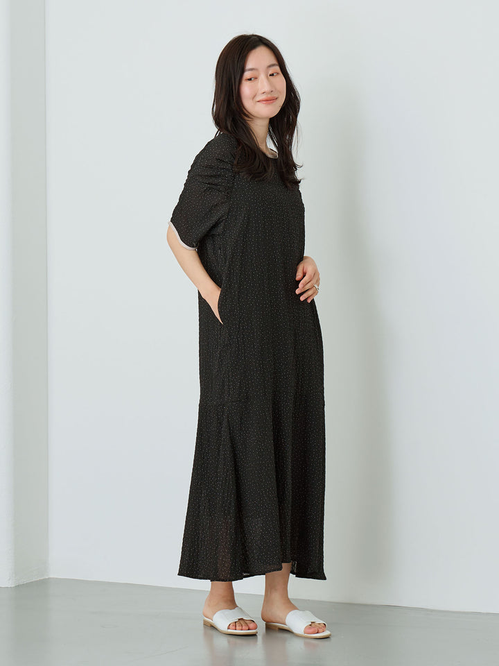 Sheer Dot Raglan Gathered Dress Black