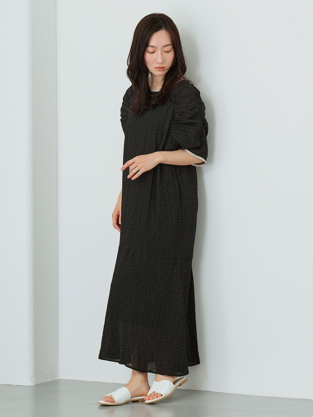 Sheer Dot Raglan Gathered Dress Black