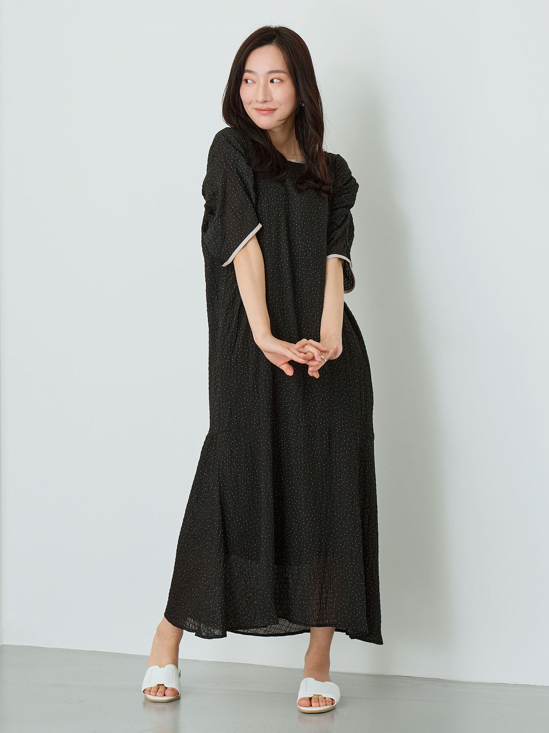Sheer Dot Raglan Gathered Dress Black