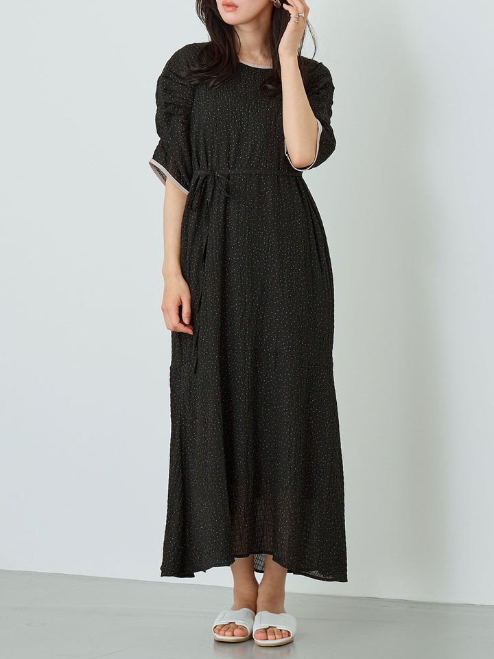 Sheer Dot Raglan Gathered Dress Black