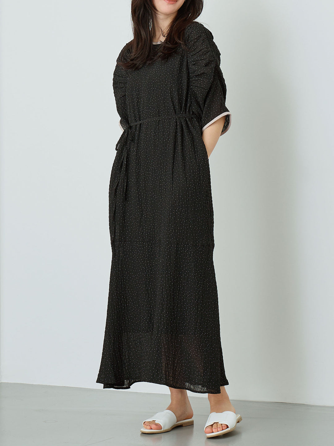 Sheer Dot Raglan Gathered Dress Black