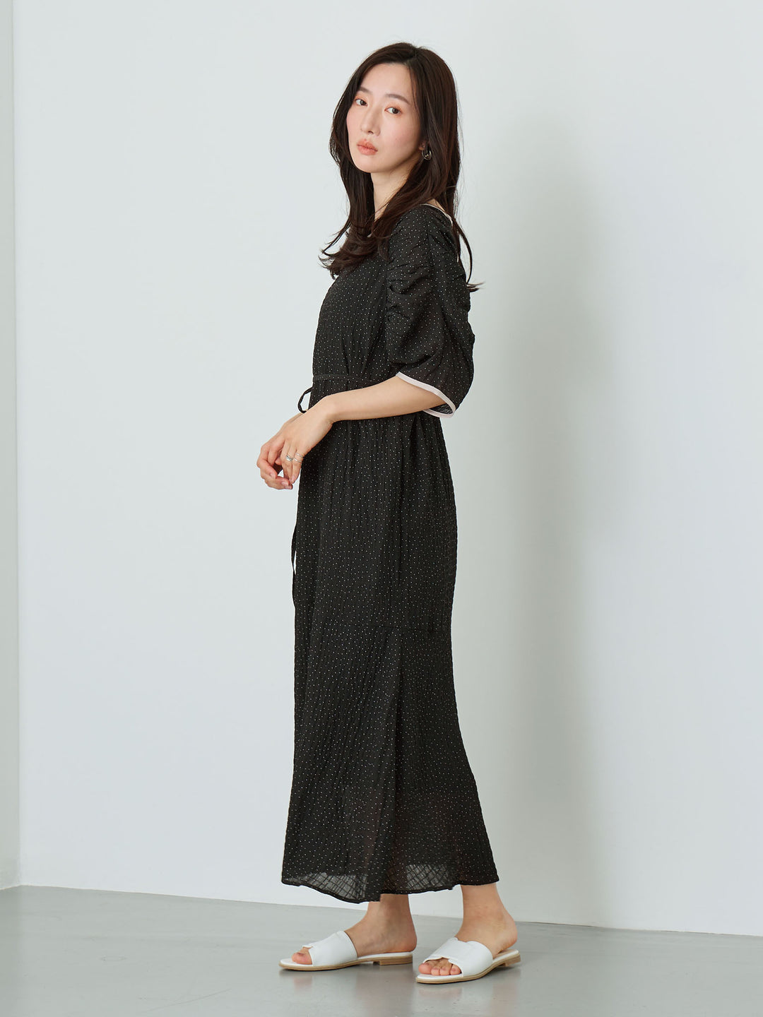 Sheer Dot Raglan Gathered Dress Black