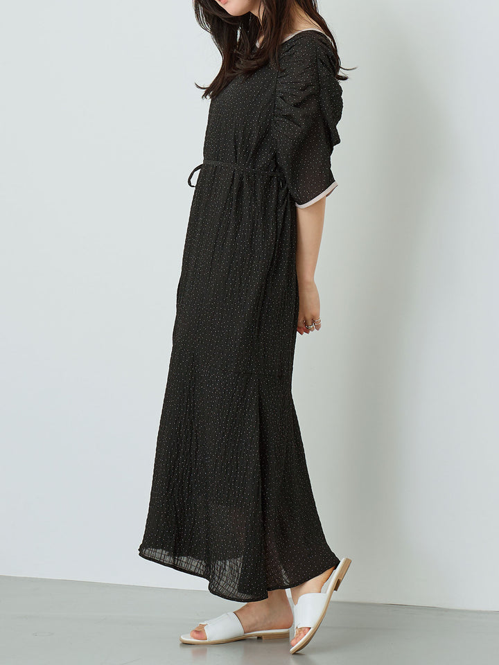 Sheer Dot Raglan Gathered Dress Black