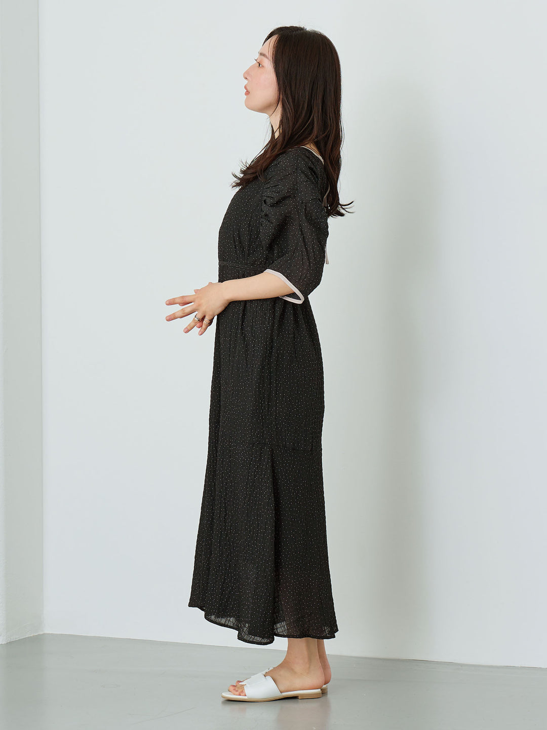 Sheer Dot Raglan Gathered Dress Black