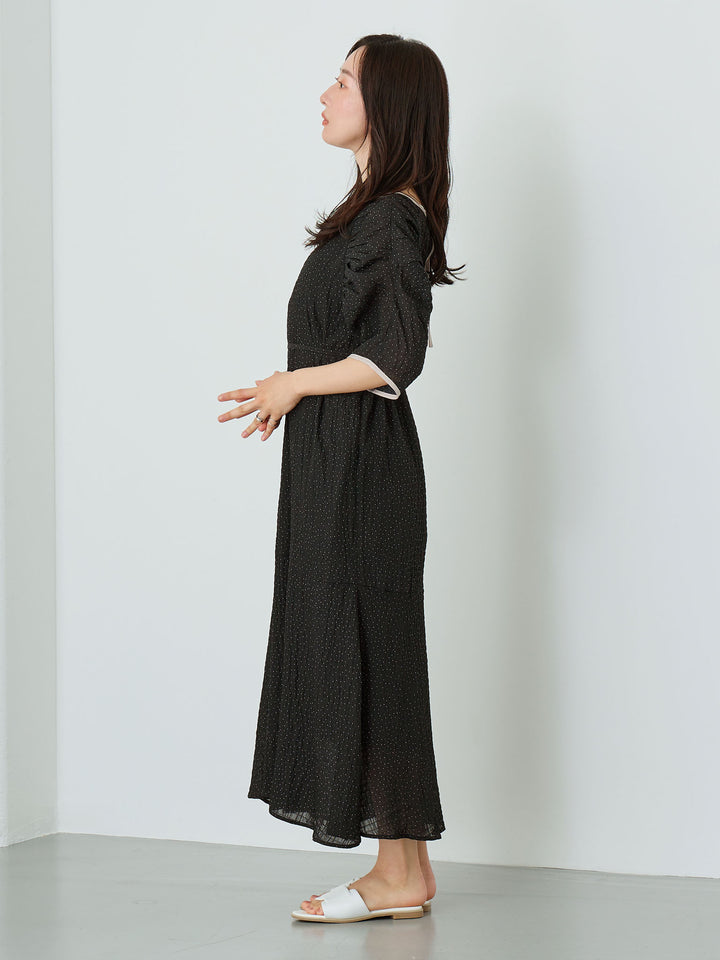 Sheer Dot Raglan Gathered Dress Black