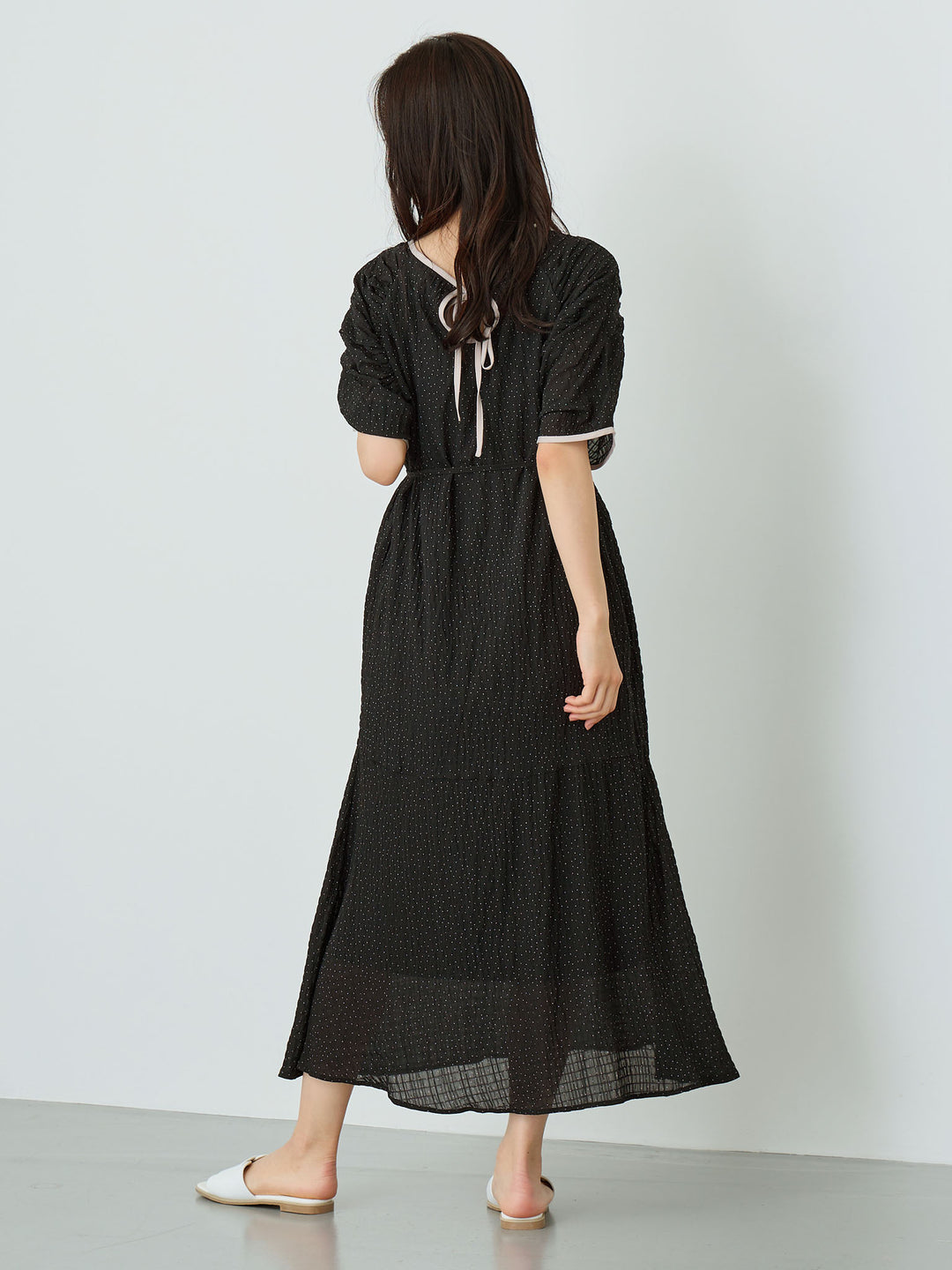 Sheer Dot Raglan Gathered Dress Black