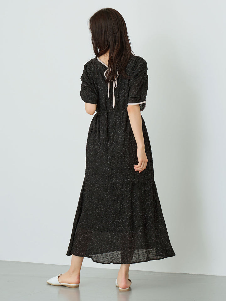 Sheer Dot Raglan Gathered Dress Black