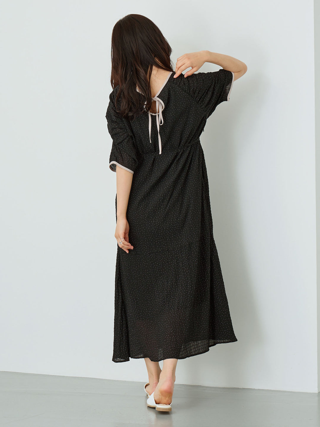 Sheer Dot Raglan Gathered Dress Black